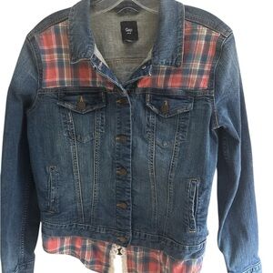GAP Retro Denim Jacket Size Medium Pink Blue Flannel Lace Embellishment